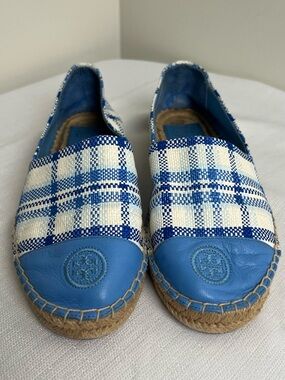 Tory Burch Blue and White Plaid Espadrille Flats